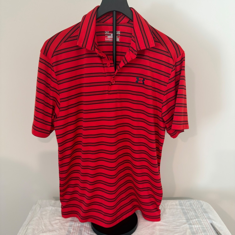 Under Armour Mens HeatGear Polo Shirt Red Black Striped Loose Fit Size Medium